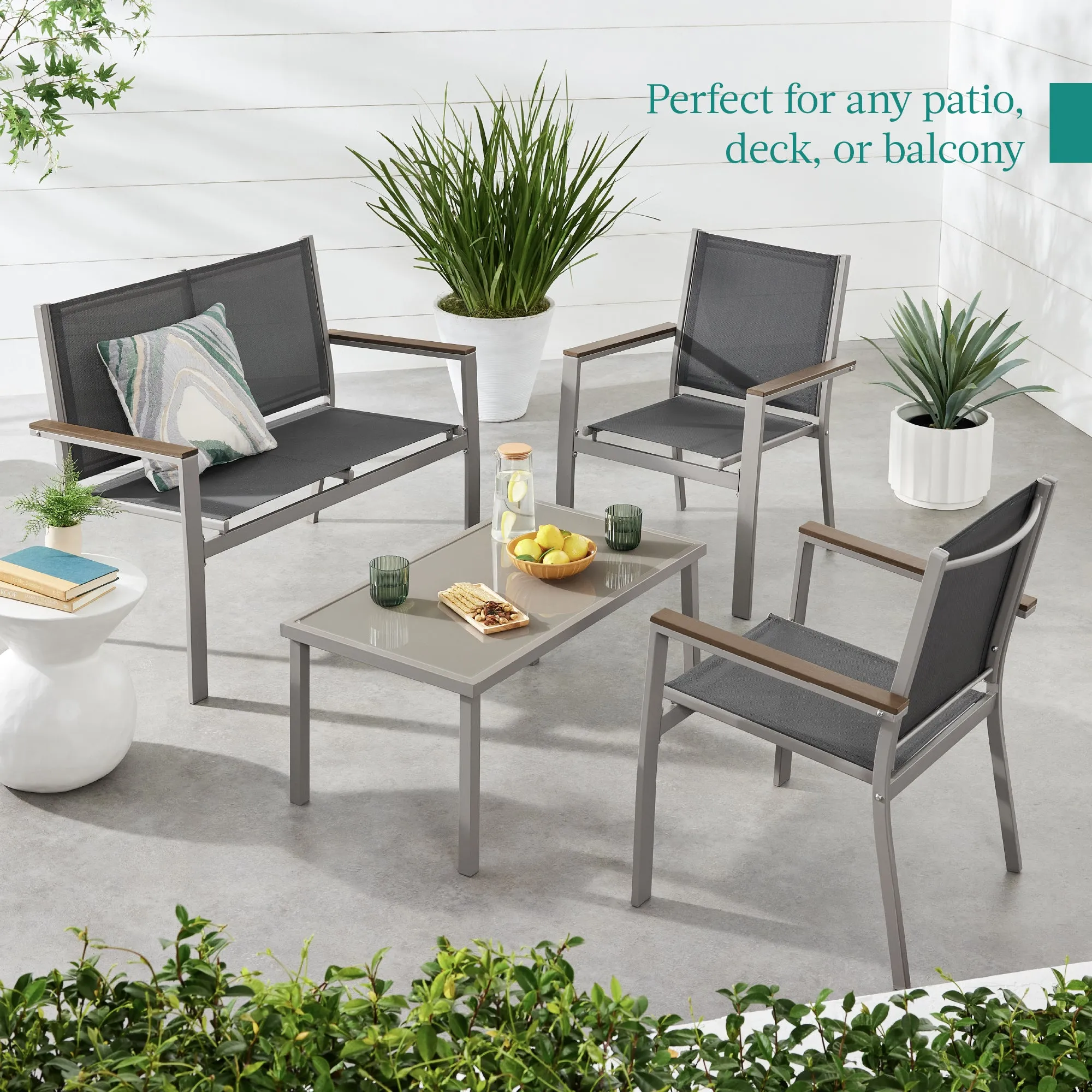 4-Piece Textilene Outdoor Conversation Set w/ Cushions, Table