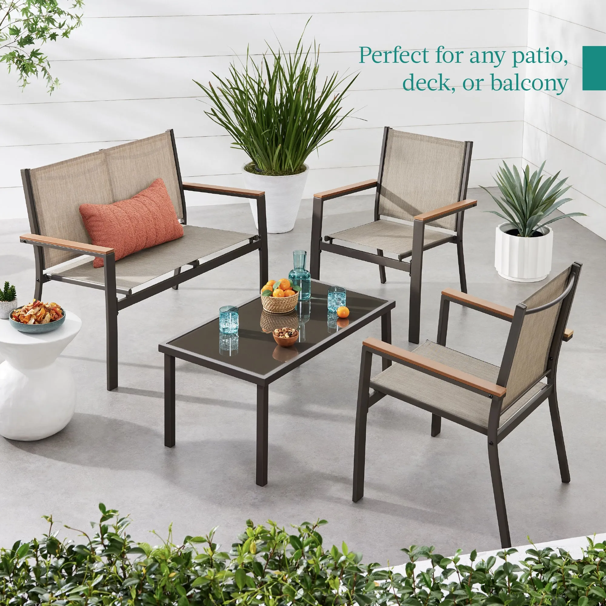 4-Piece Textilene Outdoor Conversation Set w/ Cushions, Table