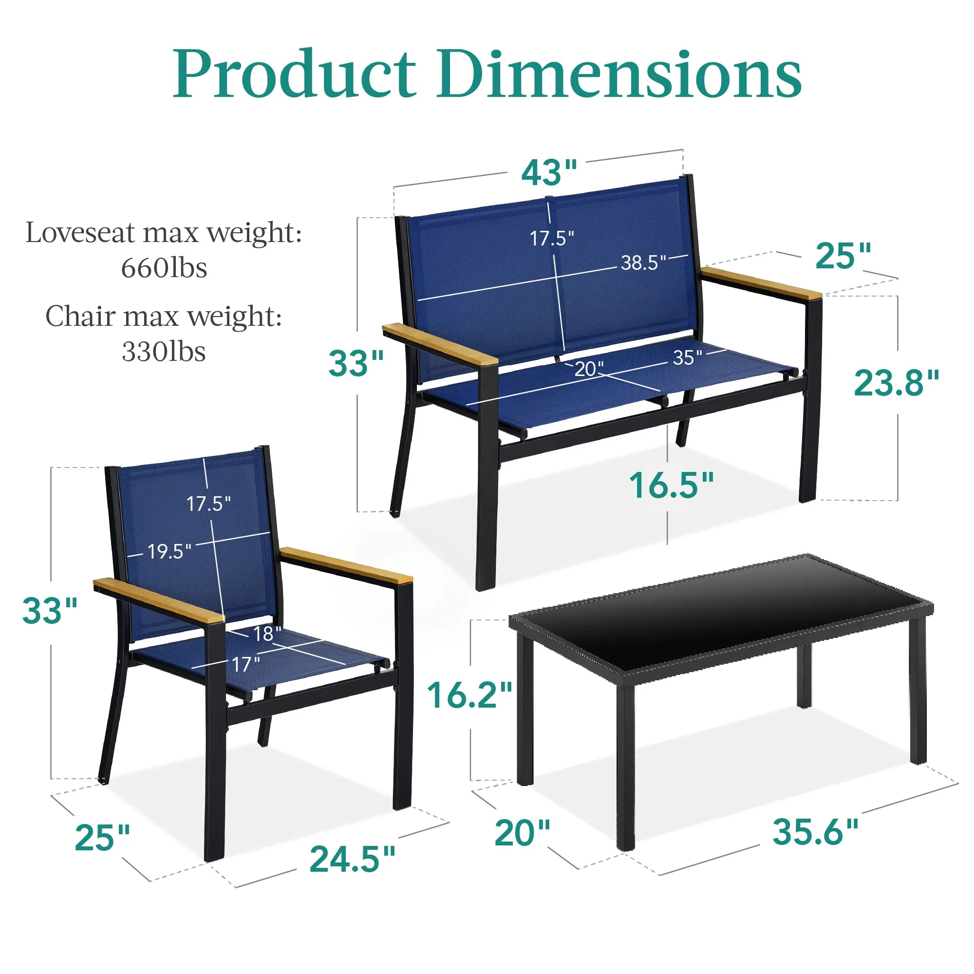 4-Piece Textilene Outdoor Conversation Set w/ Cushions, Table