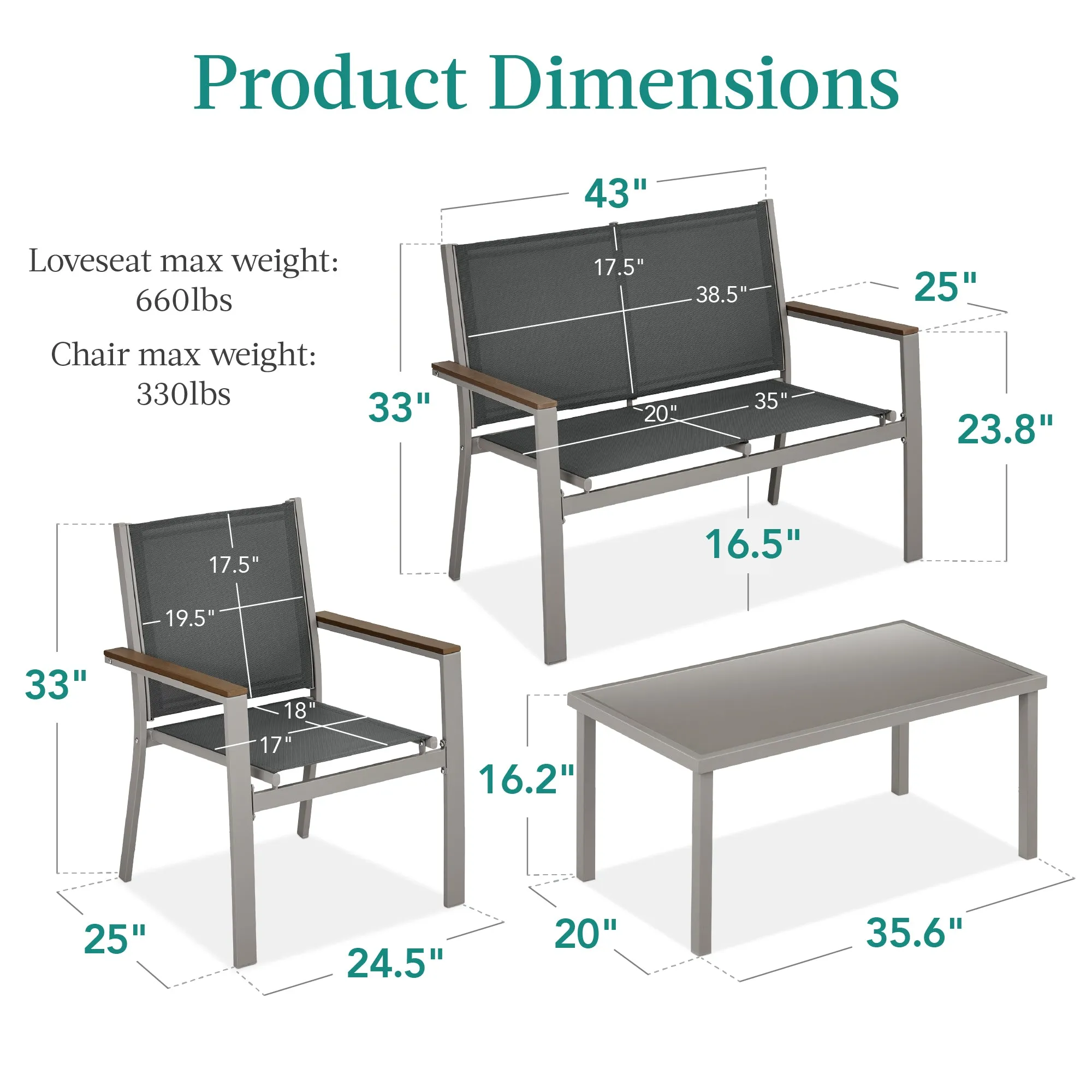 4-Piece Textilene Outdoor Conversation Set w/ Cushions, Table