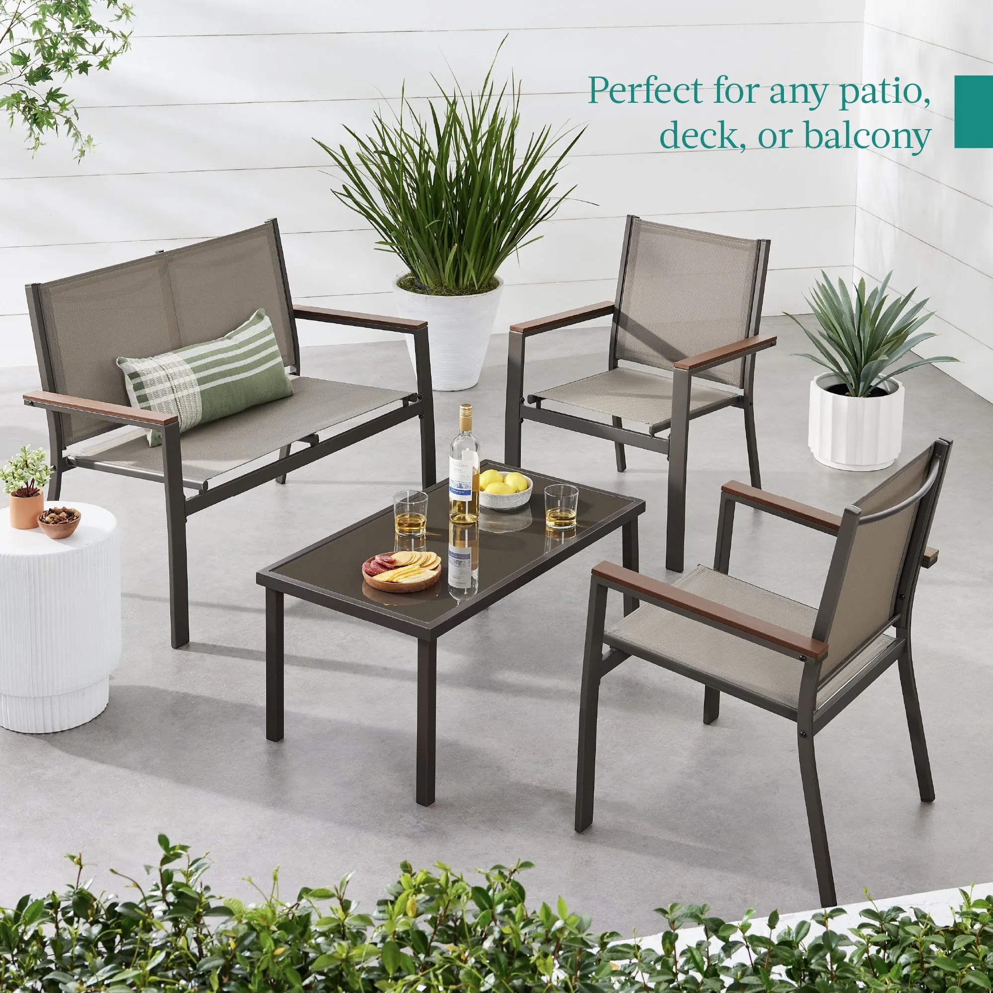 4-Piece Textilene Outdoor Conversation Set w/ Cushions, Table