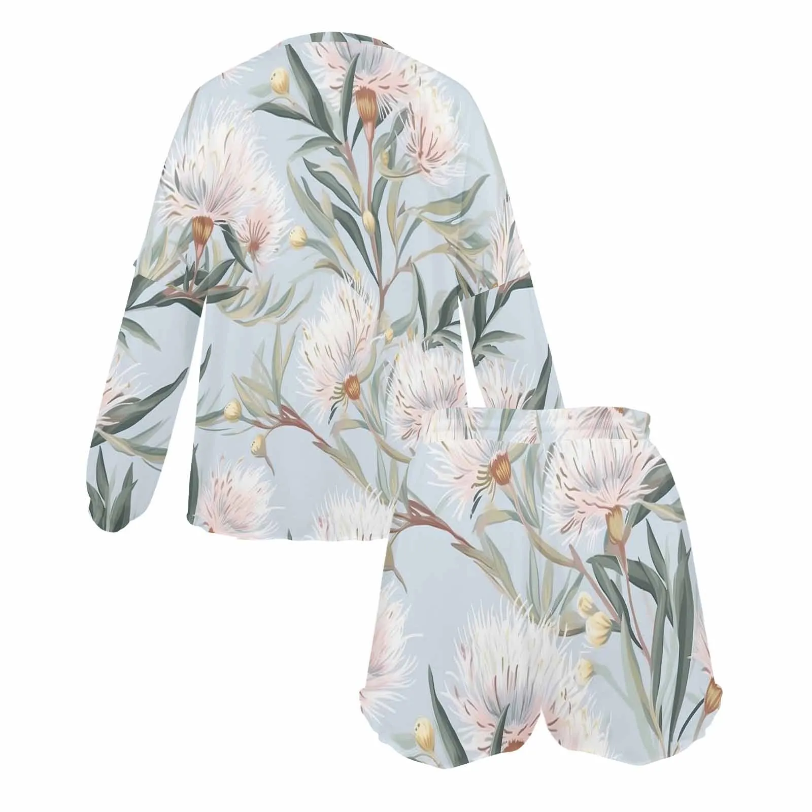 Australian Floral Blue  Women's Long Sleeve Pajama Set with Shorts