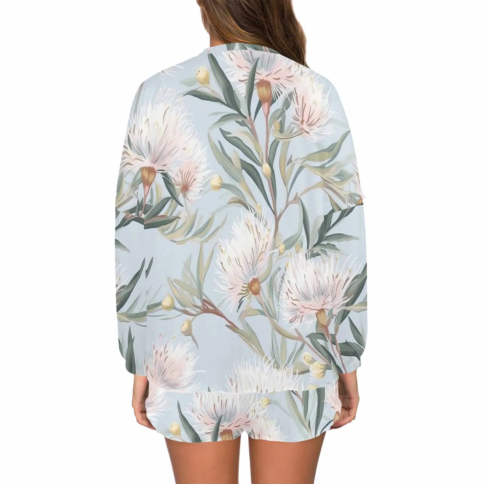 Australian Floral Blue  Women's Long Sleeve Pajama Set with Shorts