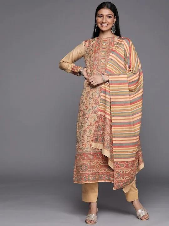 Beige & Red Woven Pashmina Winter Wear Unstitched Dress Material