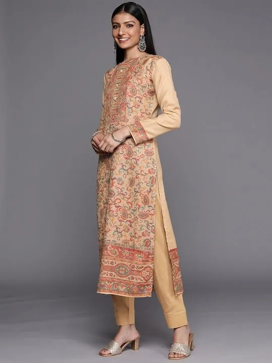 Beige & Red Woven Pashmina Winter Wear Unstitched Dress Material