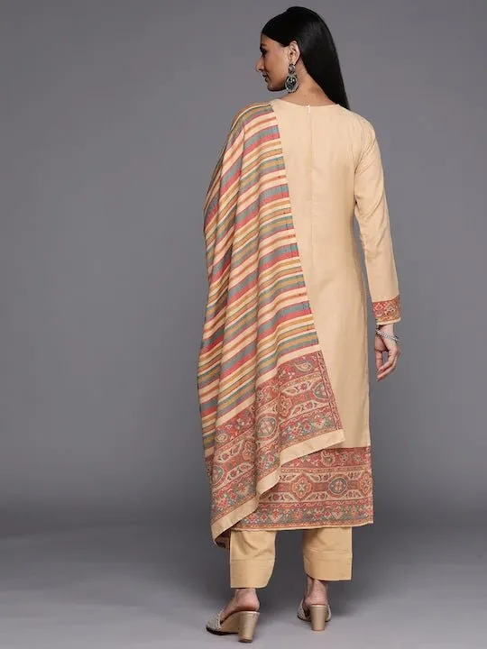 Beige & Red Woven Pashmina Winter Wear Unstitched Dress Material