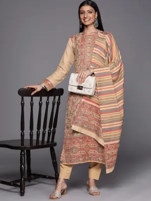 Beige & Red Woven Pashmina Winter Wear Unstitched Dress Material