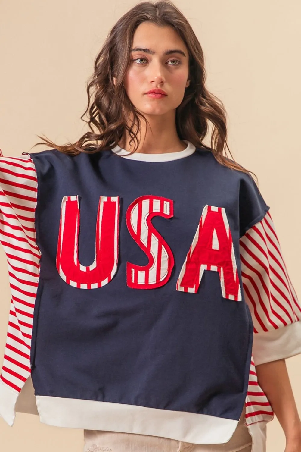 BiBi USA Letter Patchwork Contrast Short Sleeve T-Shirt