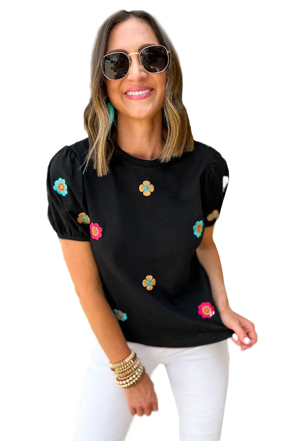 Black Embroidered 60s Flower Short Puff Sleeve Tee