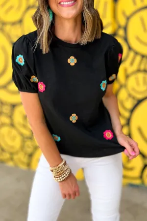 Black Embroidered 60s Flower Short Puff Sleeve Tee