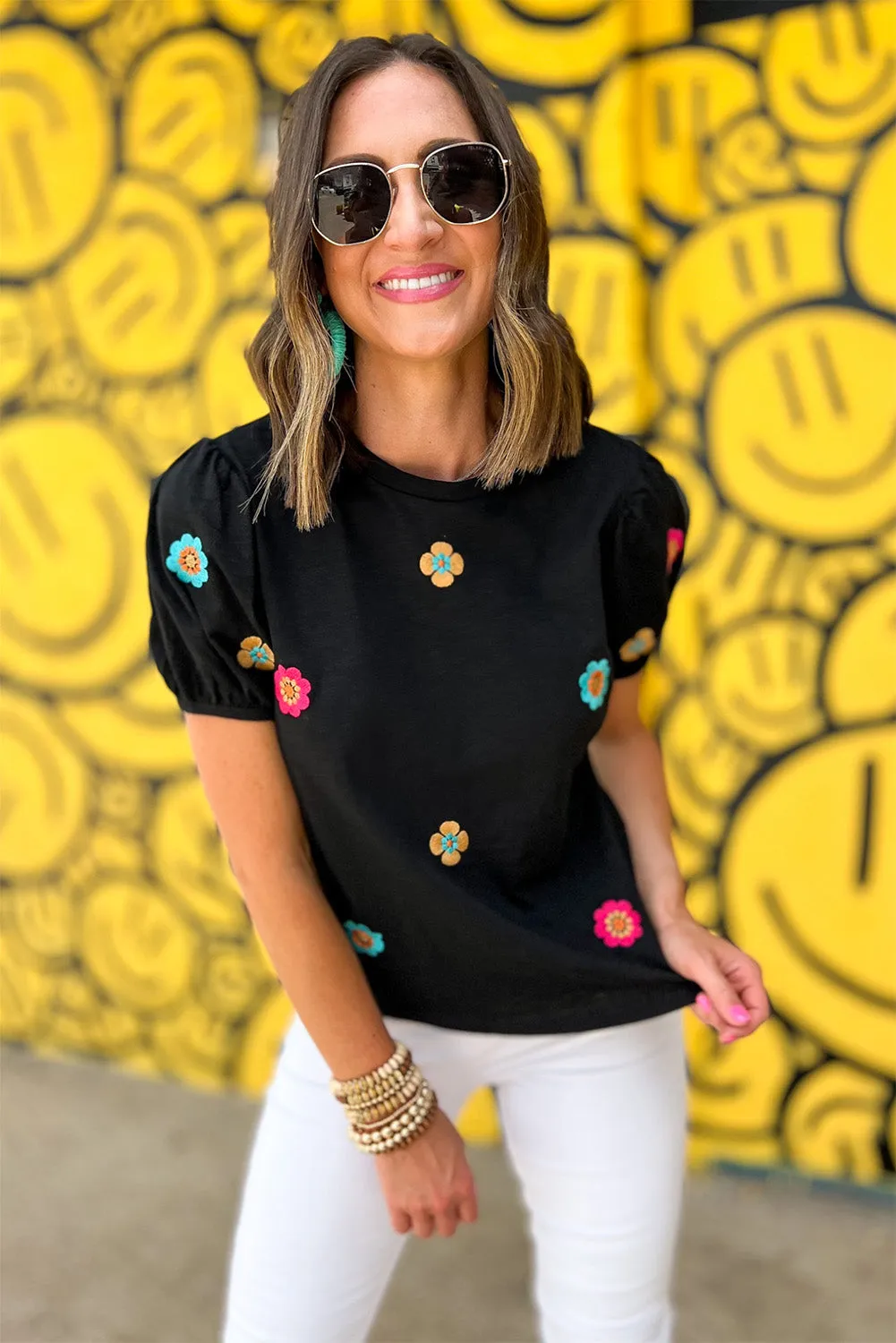 Black Embroidered 60s Flower Short Puff Sleeve Tee