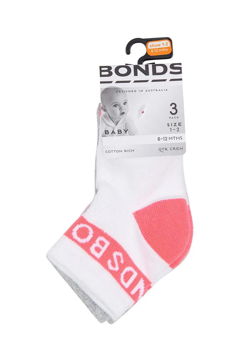 Bonds Baby Active Quarter Crew Socks 3 Pack