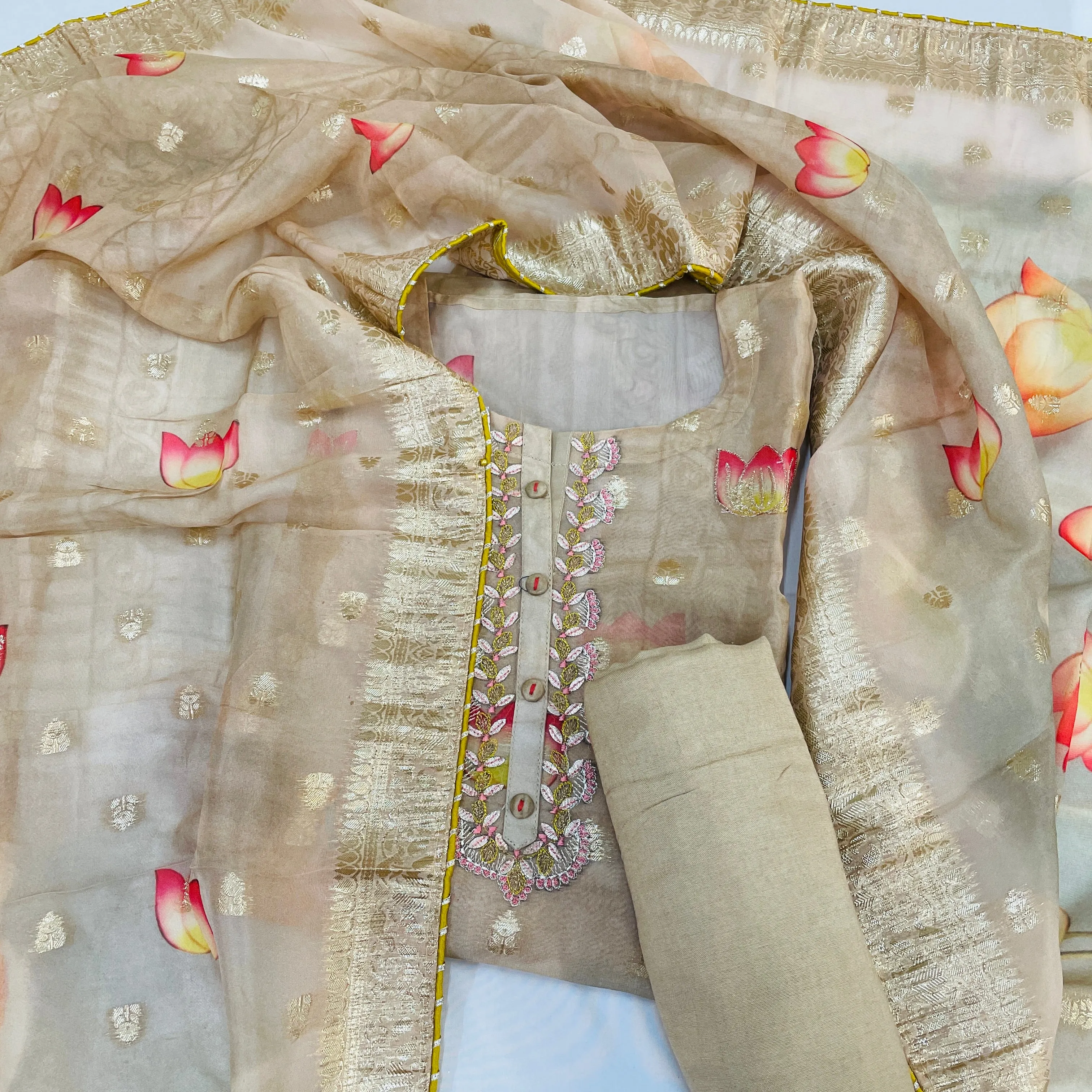 Brown Floral Foil Thread Embroidery Suit Set With Dupatta