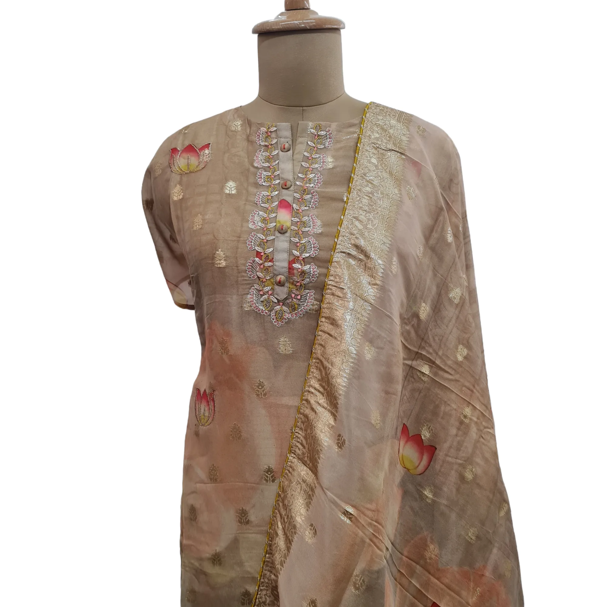 Brown Floral Foil Thread Embroidery Suit Set With Dupatta