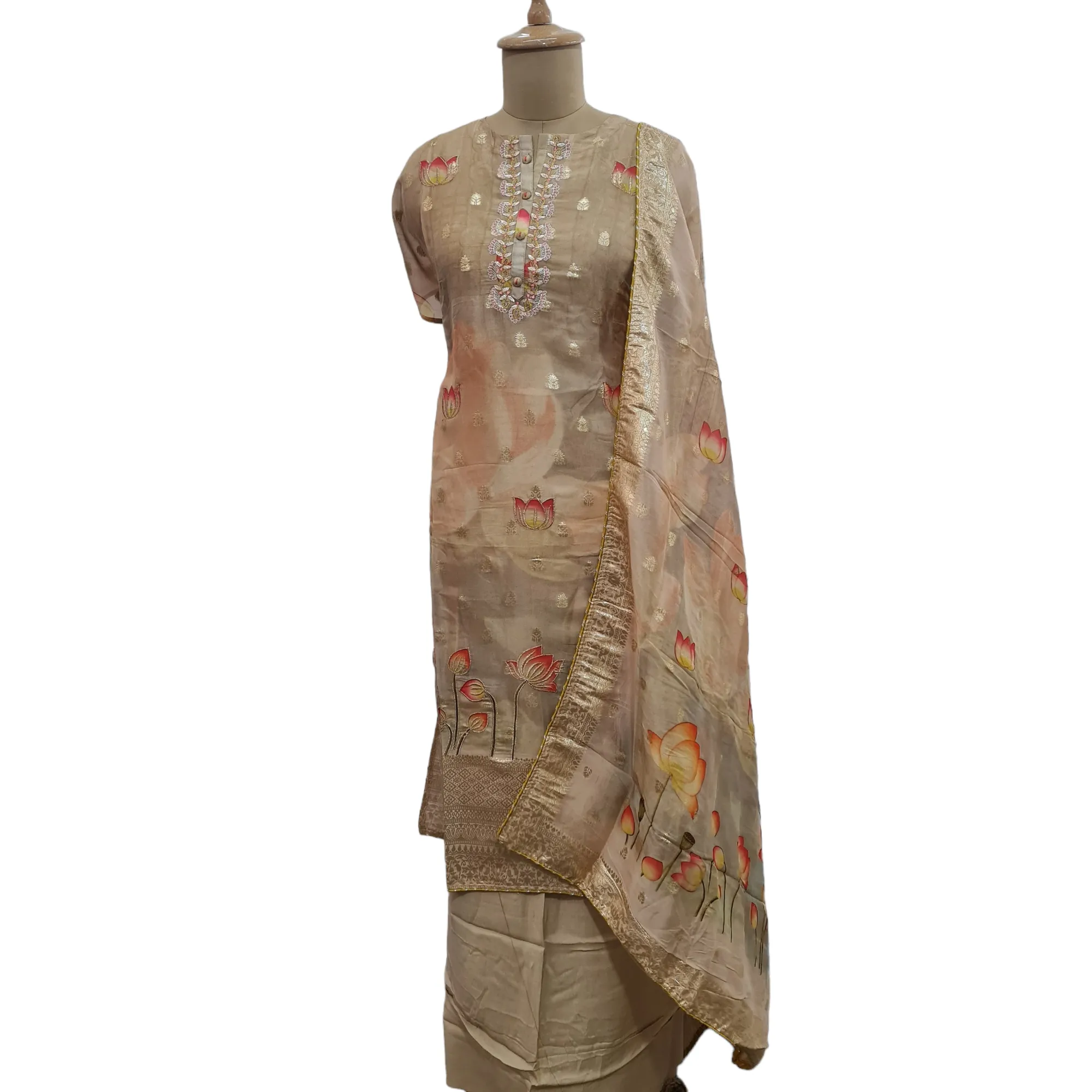 Brown Floral Foil Thread Embroidery Suit Set With Dupatta