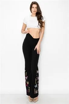 BUTTERFLY EMBROIDERED BLACK FLARED LEGGING