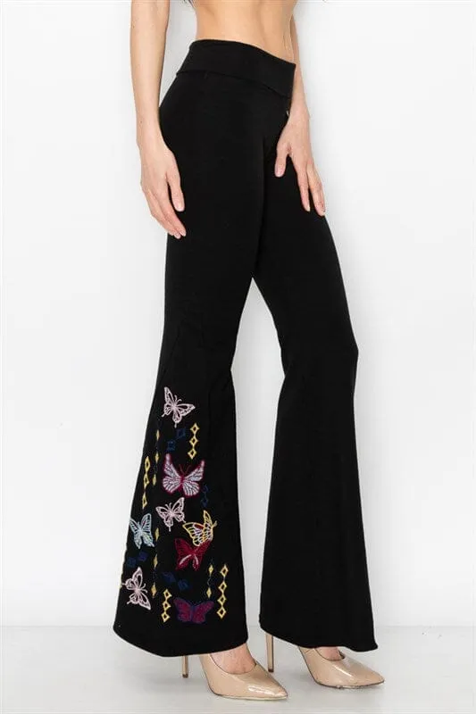 BUTTERFLY EMBROIDERED BLACK FLARED LEGGING