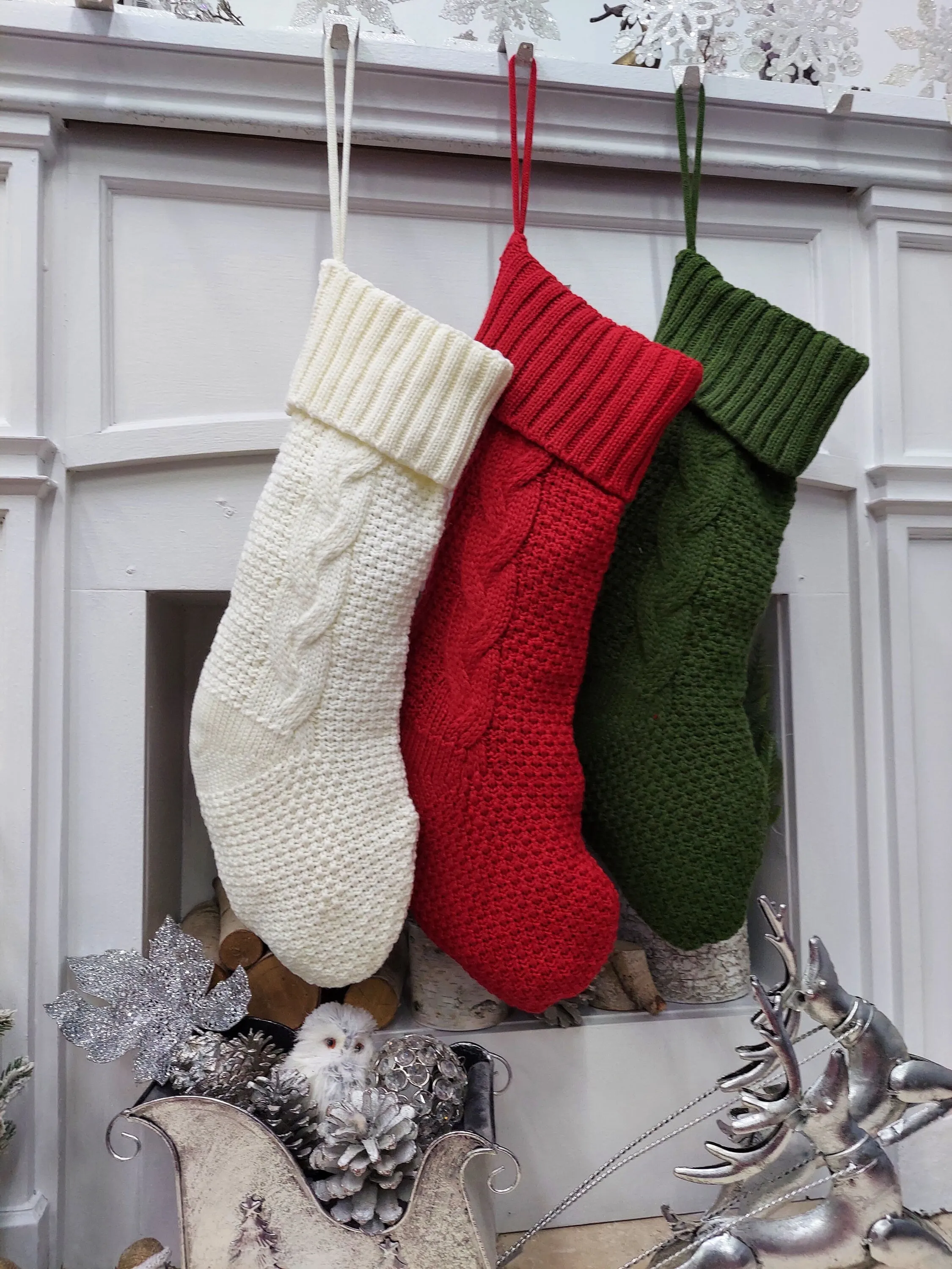 Chunky Cable Knit Christmas Stockings | Aran Isle Knit Red Green Ivory Premium Knitted Modern Double Sided Personalized Embroidery Name