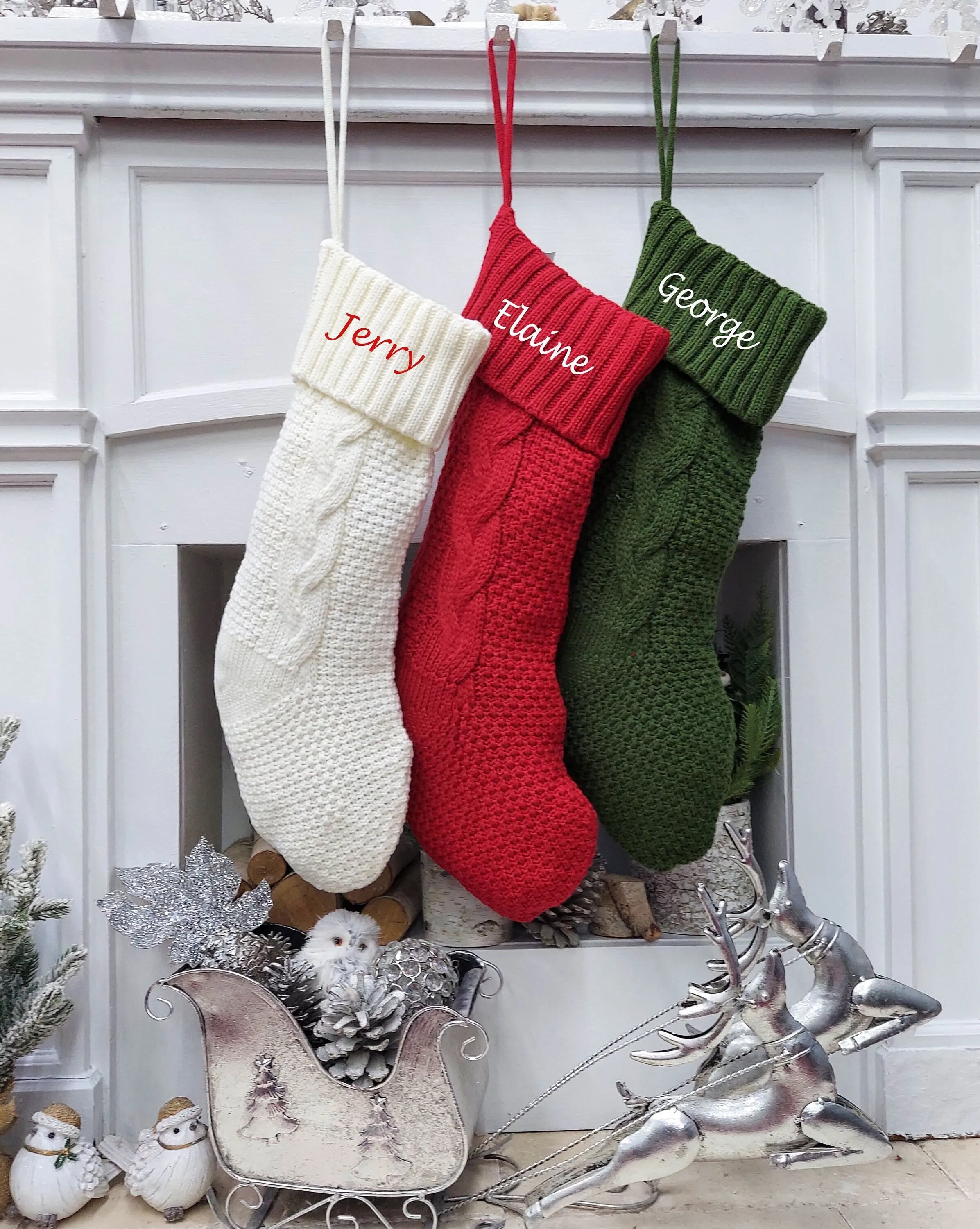 Chunky Cable Knit Christmas Stockings | Aran Isle Knit Red Green Ivory Premium Knitted Modern Double Sided Personalized Embroidery Name