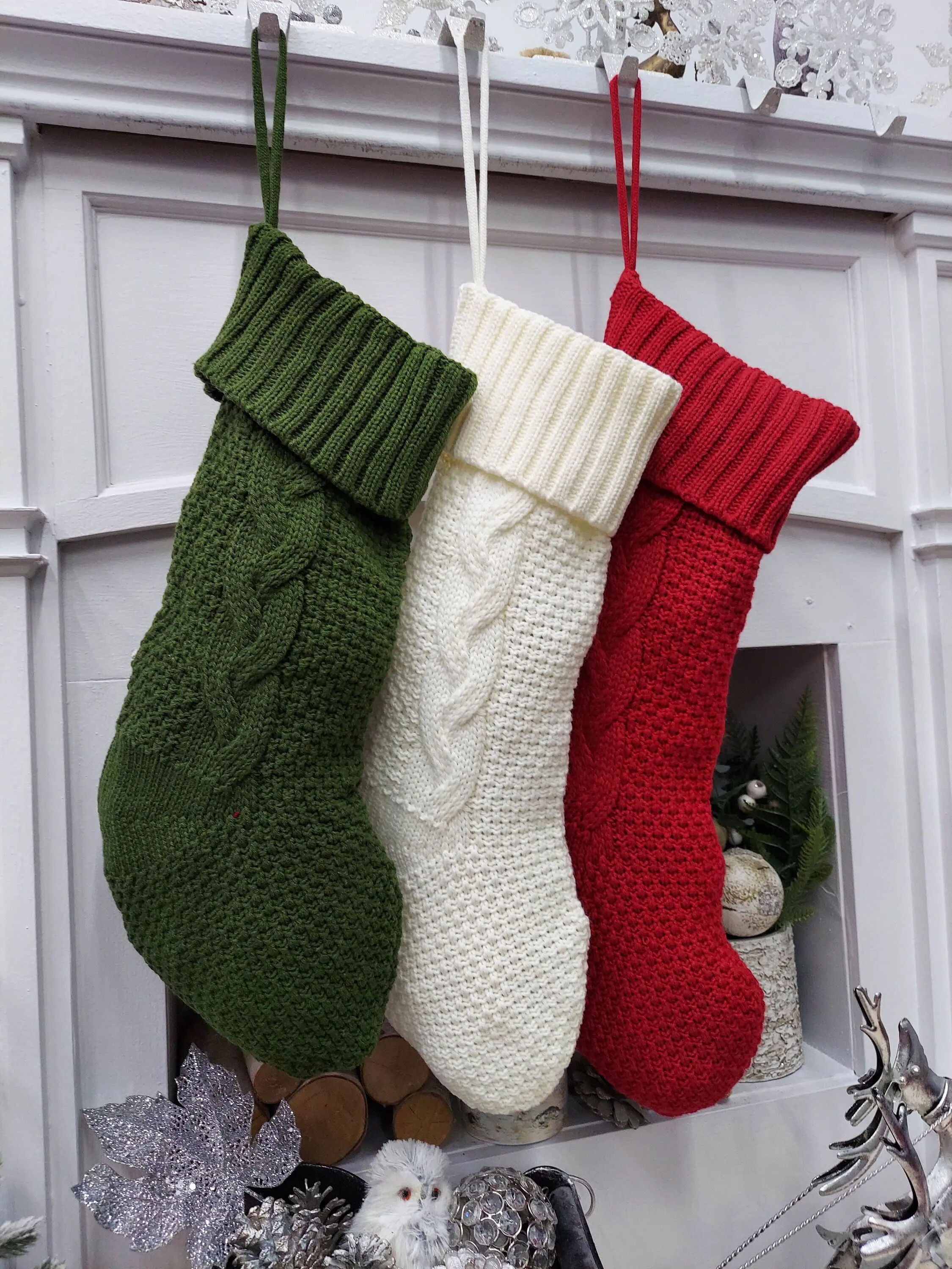 Chunky Cable Knit Christmas Stockings | Aran Isle Knit Red Green Ivory Premium Knitted Modern Double Sided Personalized Embroidery Name