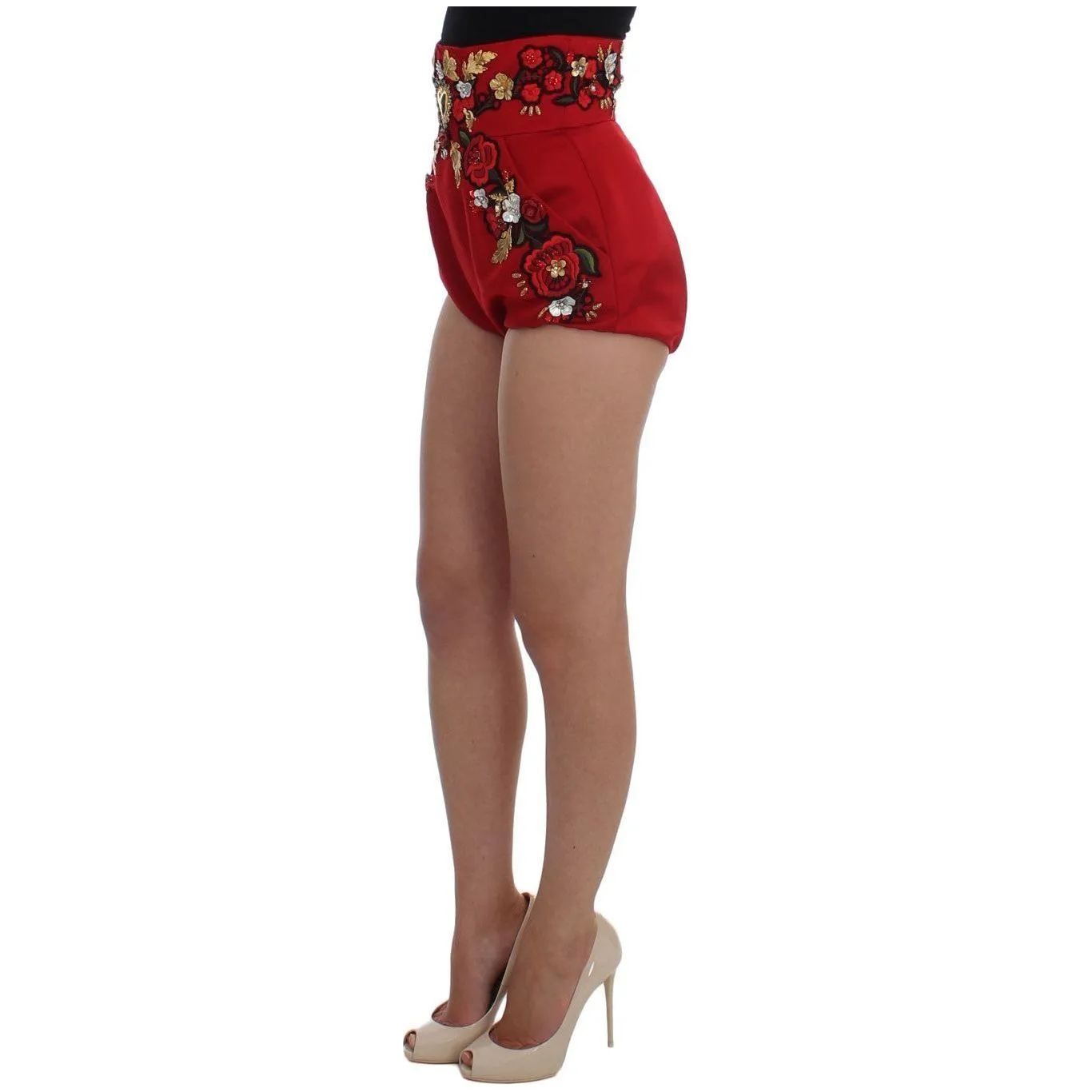 Dolce & Gabbana Red Silk Crystal-Embellished High Waist Shorts