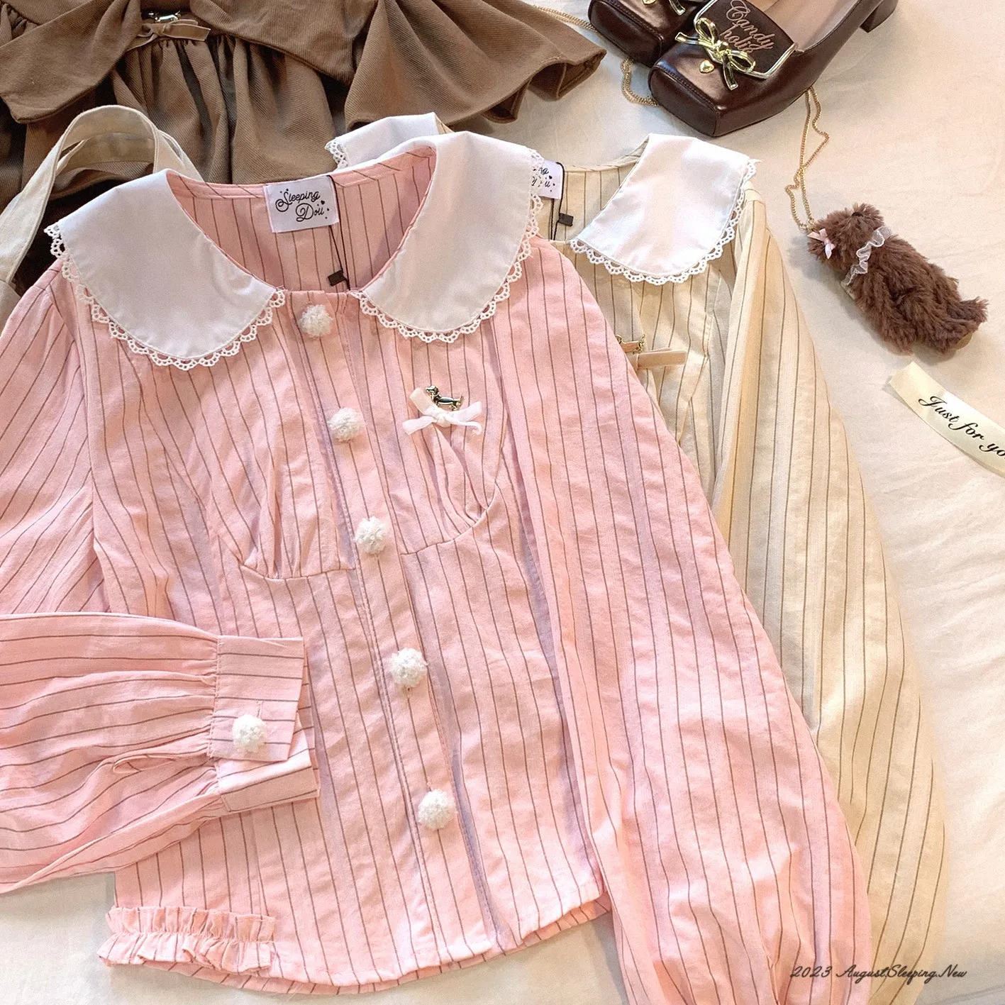 Dormir Doll Dachshund Puppy Bengal Stripe Doll Collar Cream Pink Shirt & Brown Shorts Two Piece Set