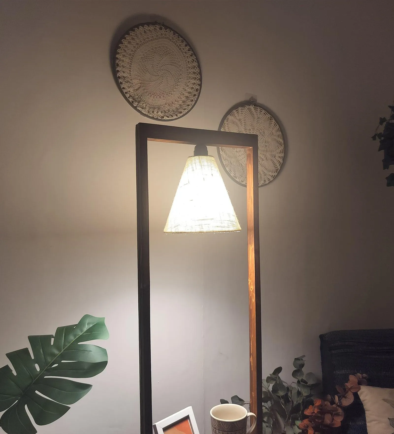 Gabrielle Wooden Floor Lamp with Brown Base and Jute Fabric Lampshade