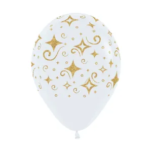 Golden Glitter Printed White Latex Balloons 30cm 12Pk