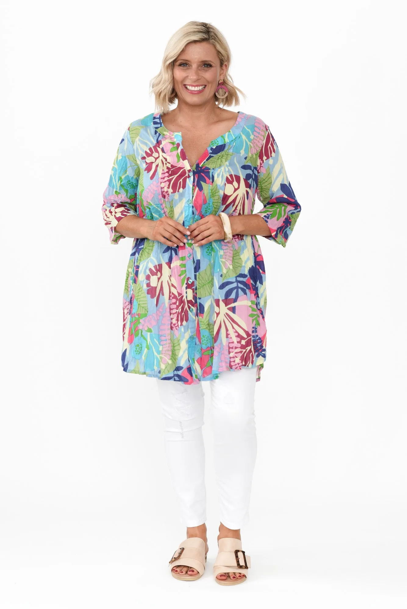 Indra Green Leaf Cotton Tunic Top