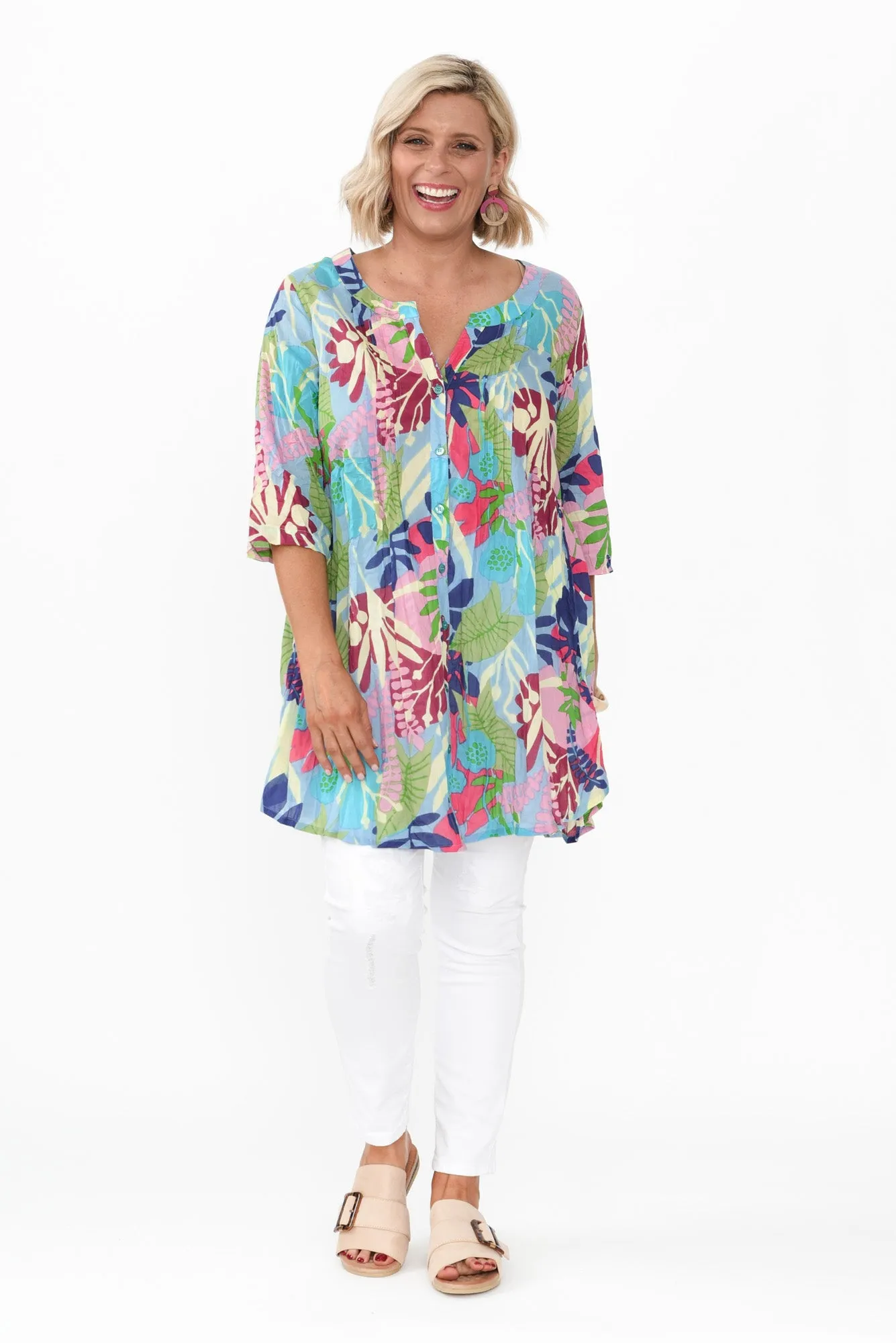 Indra Green Leaf Cotton Tunic Top