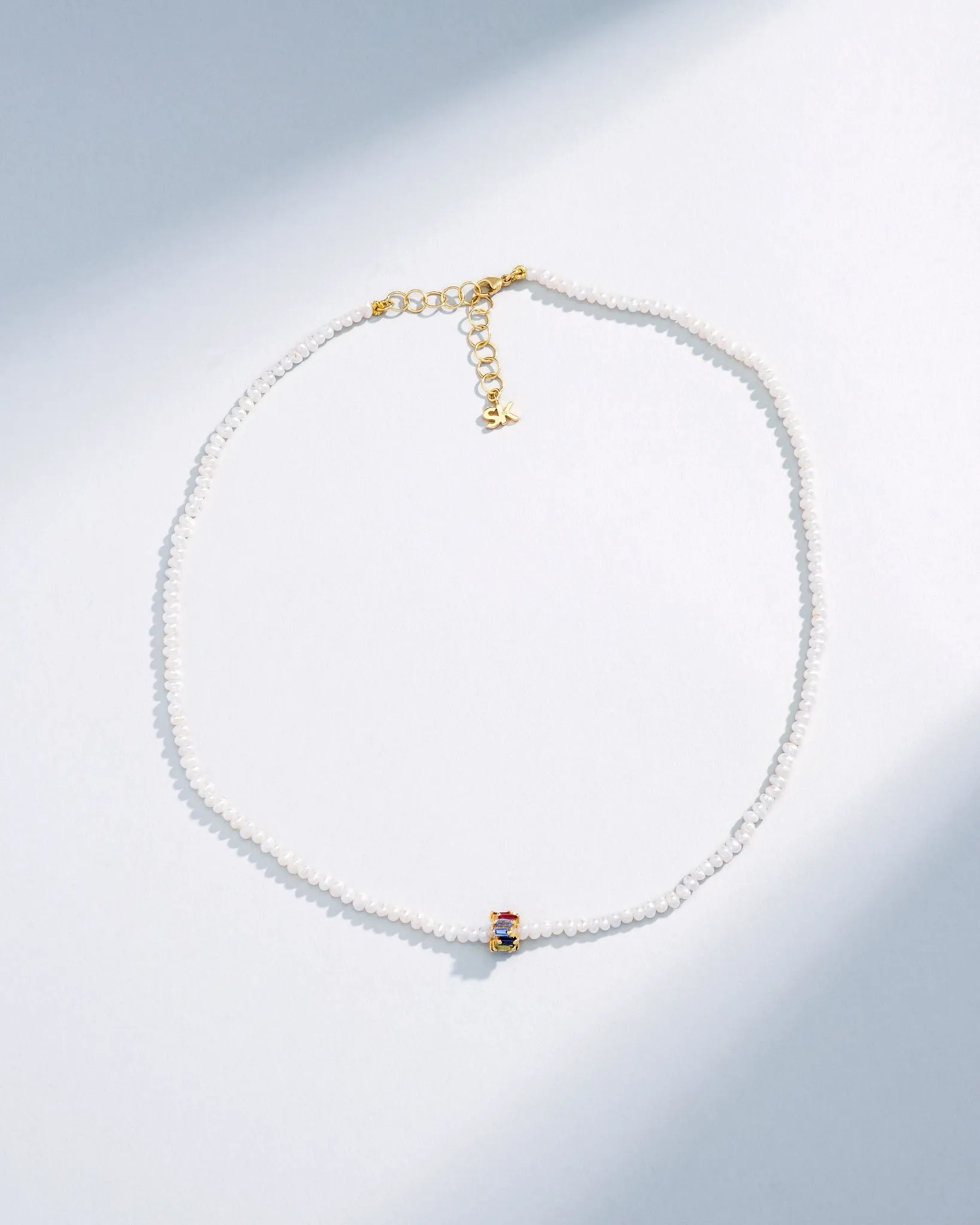 Infinite Beaded White Pearl & Mini Rainbow Sapphire Rondelle Necklace