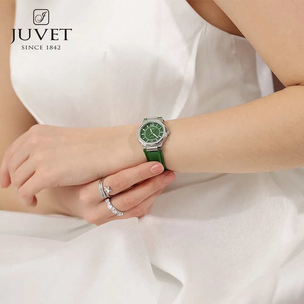 JUVET 7018 Graceful Ladies Octagonal Watch with Diamond Bezel 30m Waterproof - Vintage Green A1