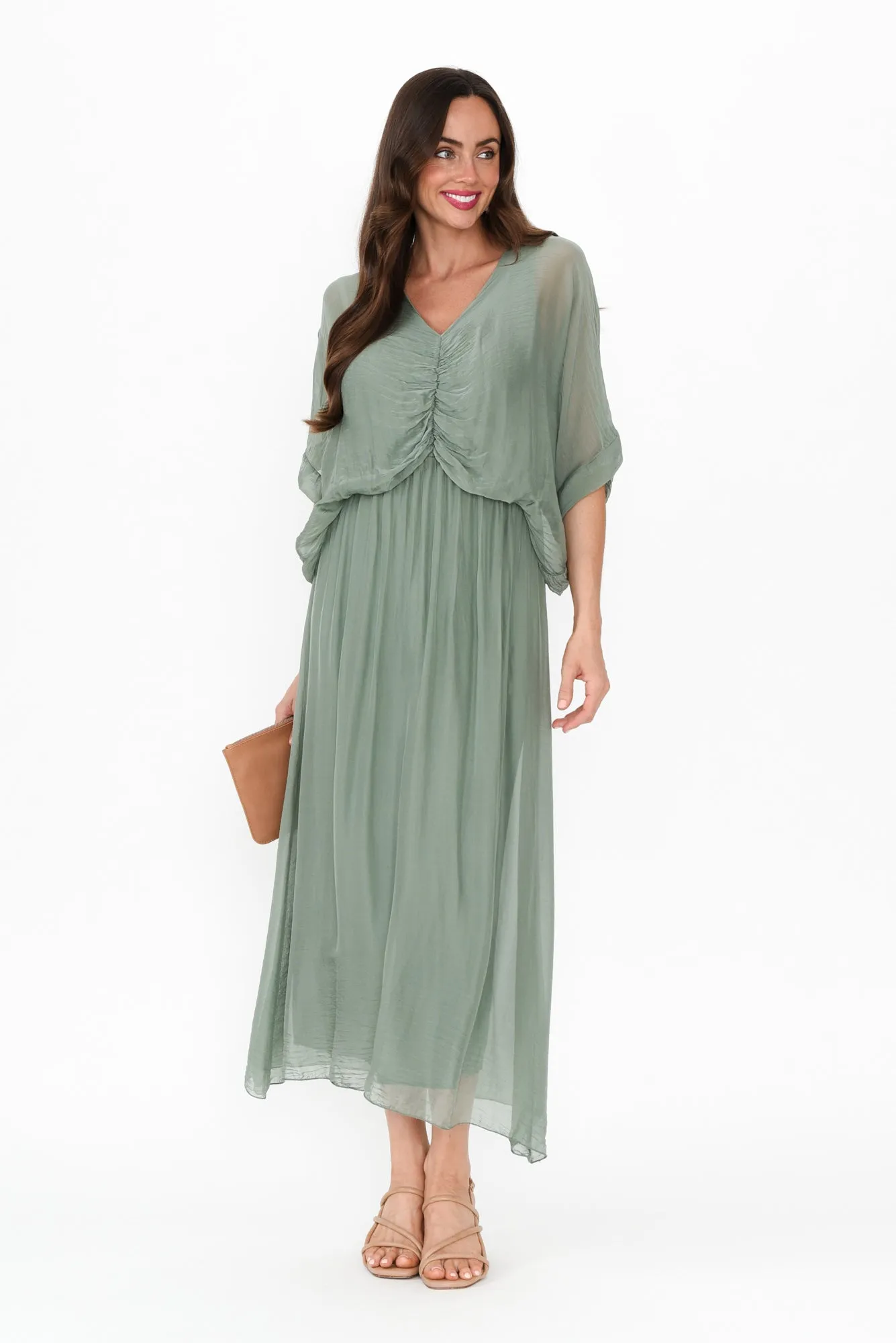 Kerry Khaki Silk Gathered Dress