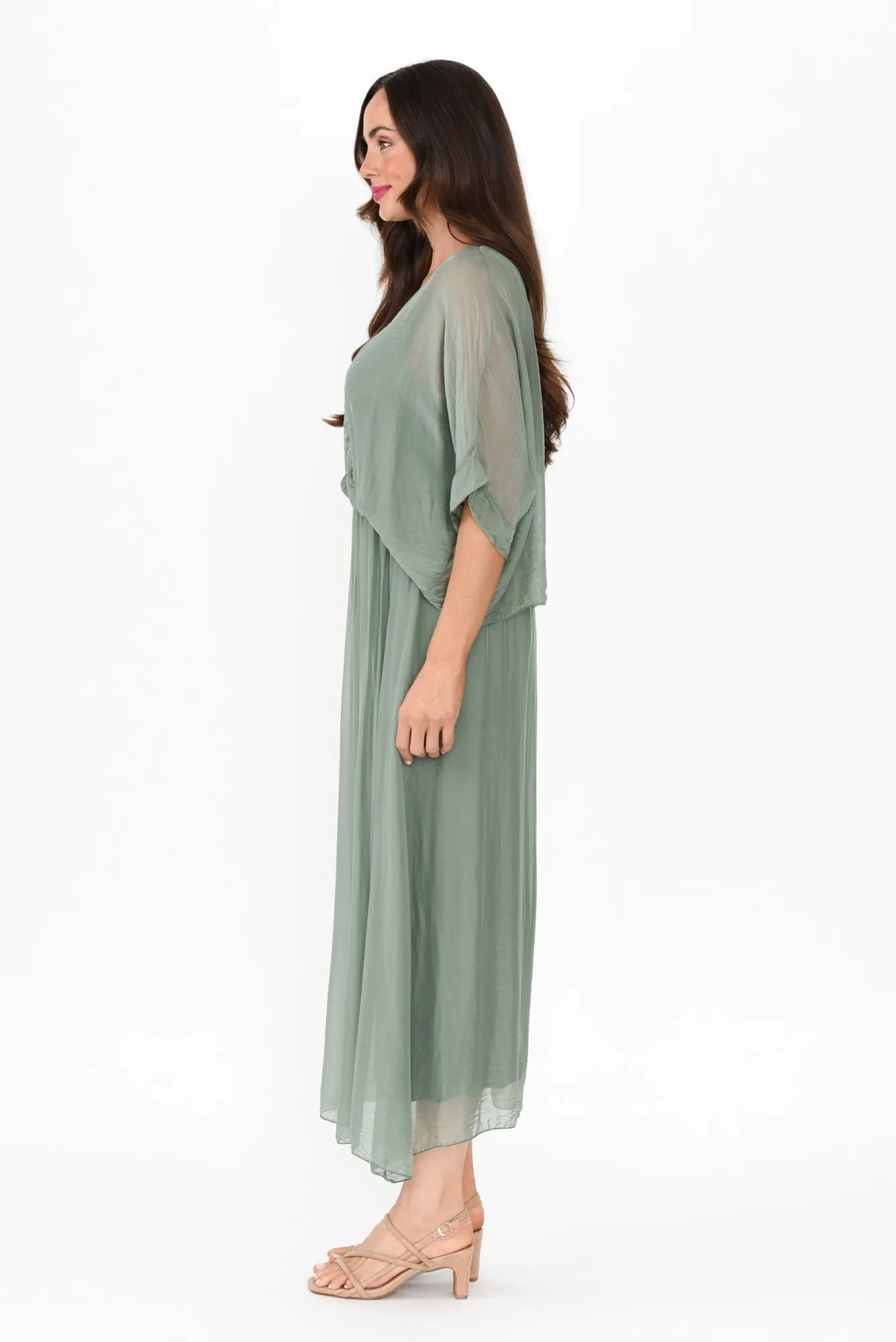 Kerry Khaki Silk Gathered Dress