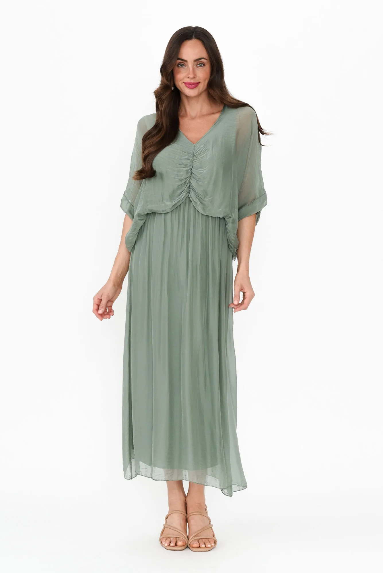 Kerry Khaki Silk Gathered Dress