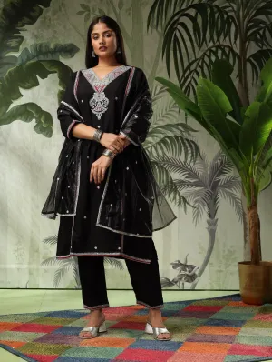 Kesar Plus Size Muslin Black Embroidered Kurta Set With Dupatta