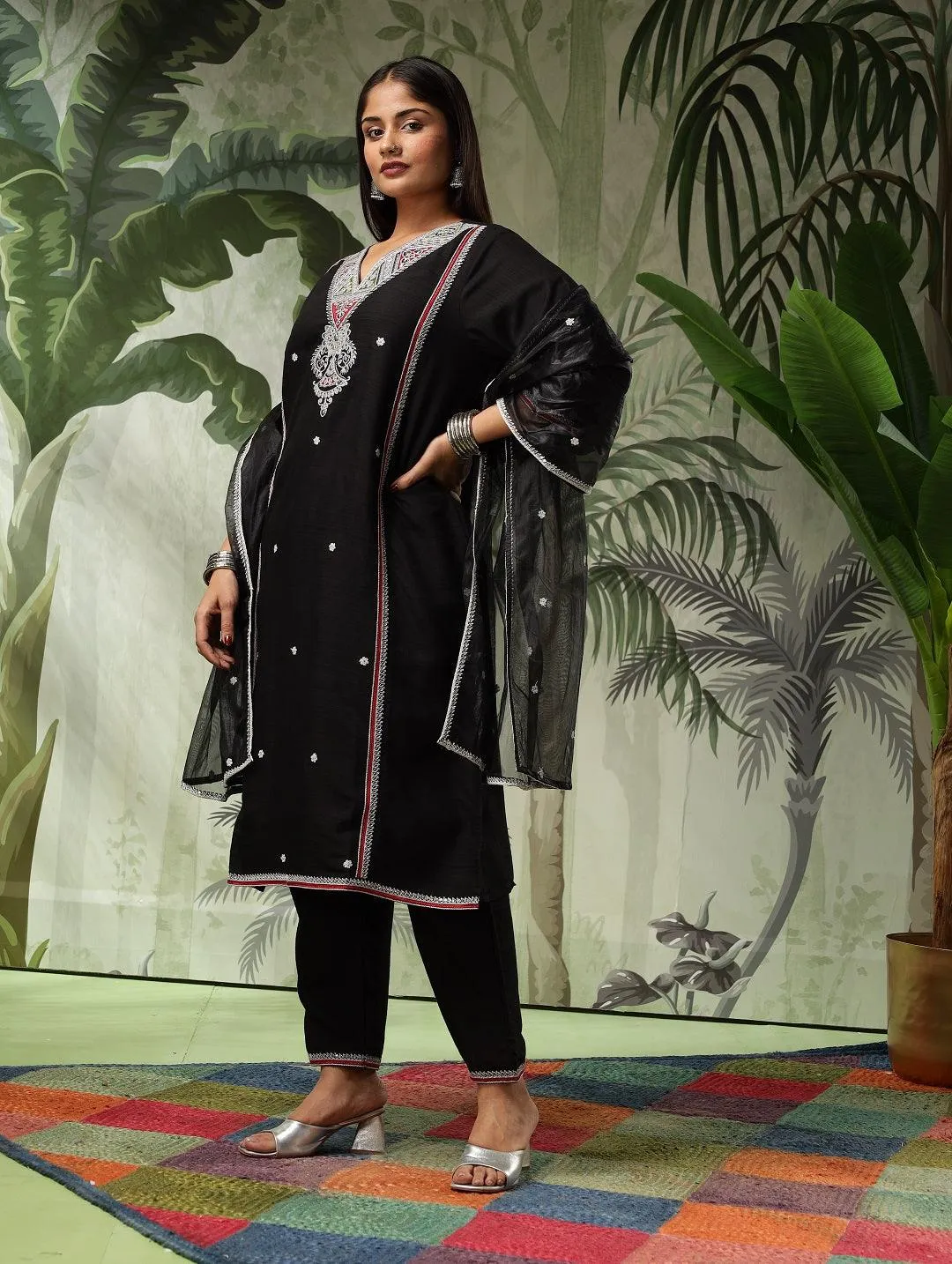 Kesar Plus Size Muslin Black Embroidered Kurta Set With Dupatta