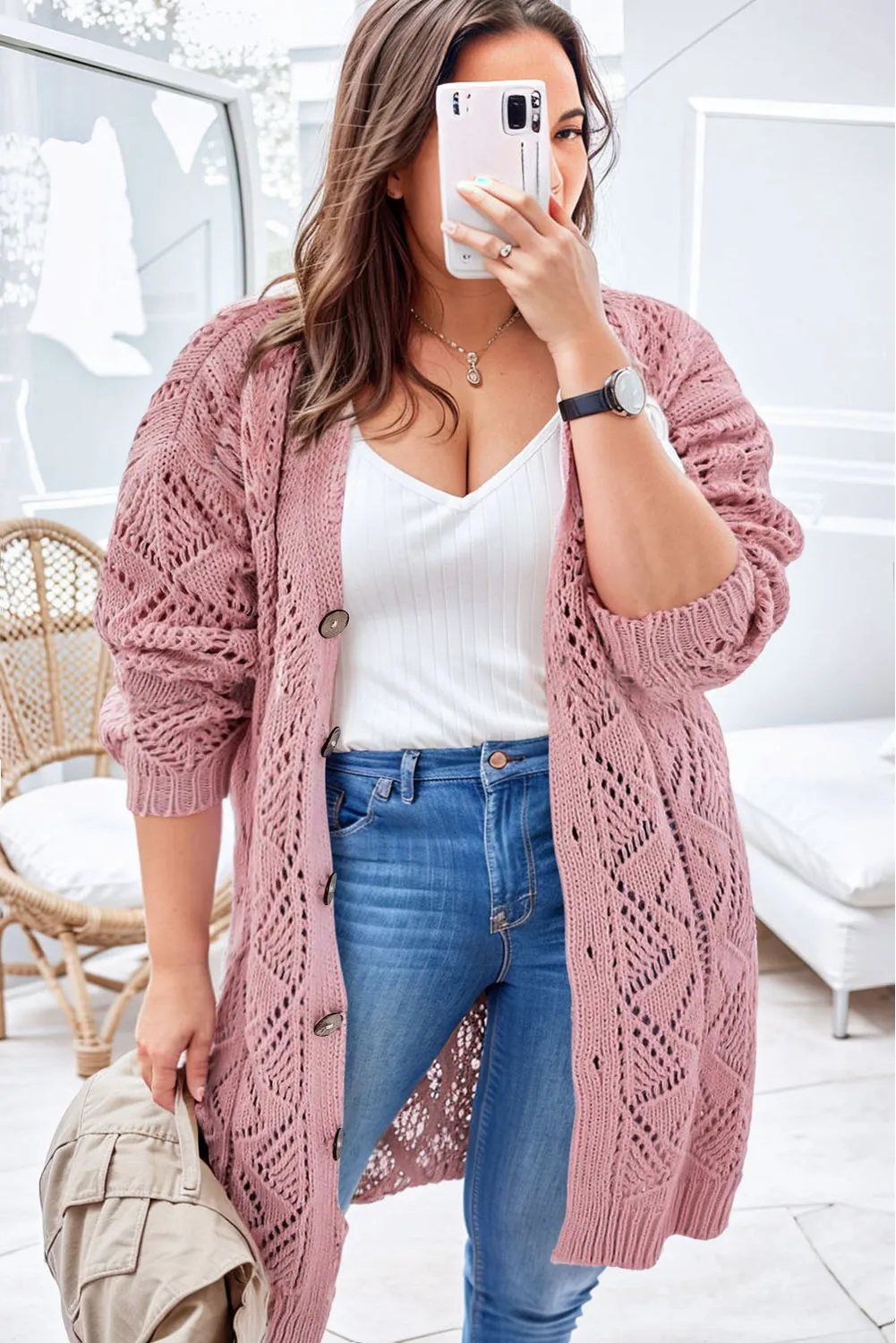 Khaki Hollow-out Openwork Knit Cardigan - 5 colors