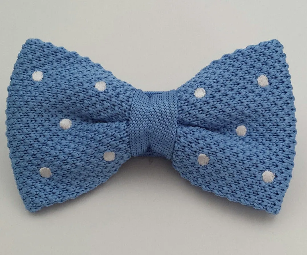 Light Blue and White Polka Dot Knitted Bow Tie