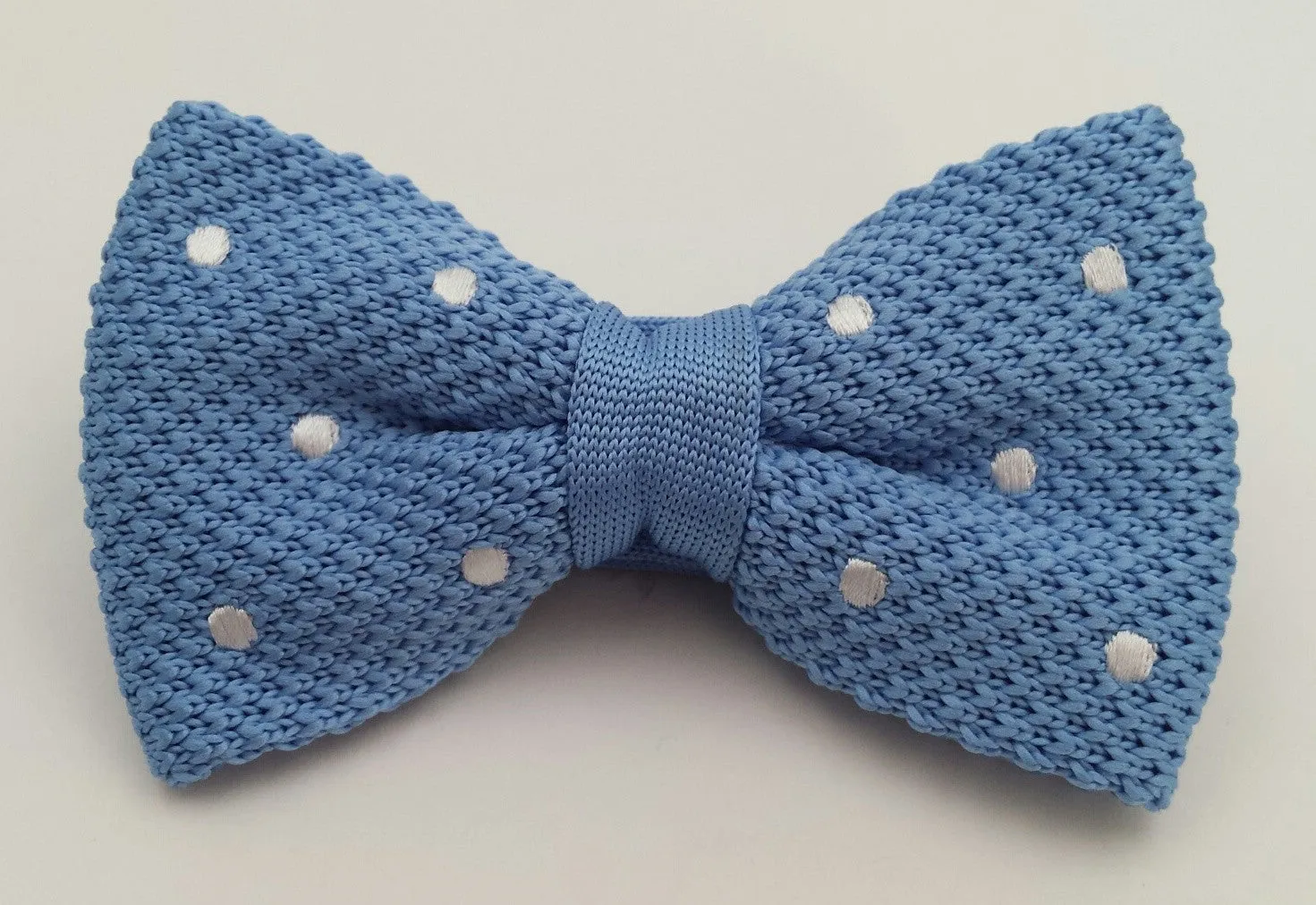 Light Blue and White Polka Dot Knitted Bow Tie