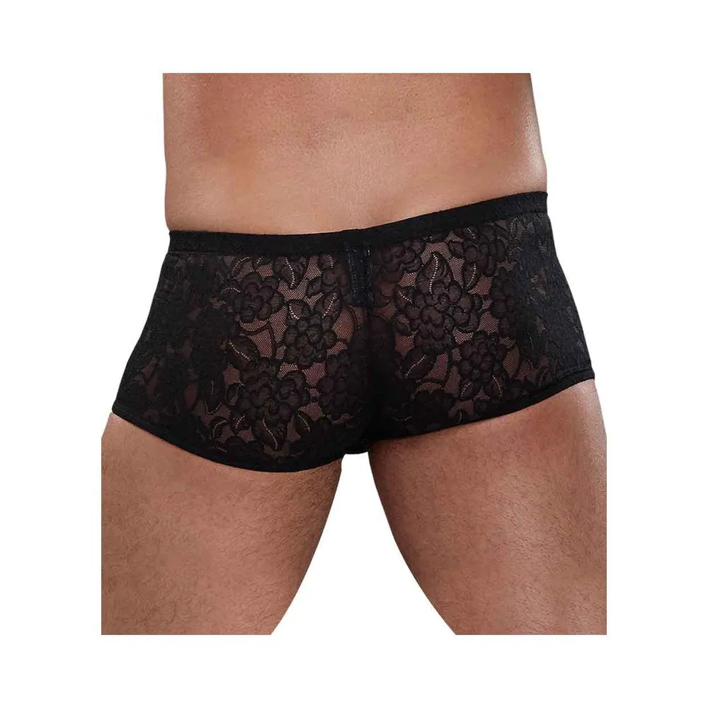 Male Power Stretch Lace Mini Shorts Black XL