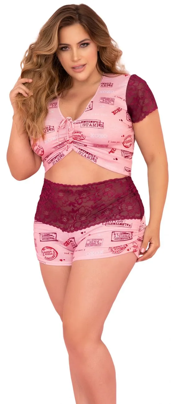 Mapale 7414X Curvy Size Two Piece Pajama Set. Top and Shorts Color Rose-Burgundy