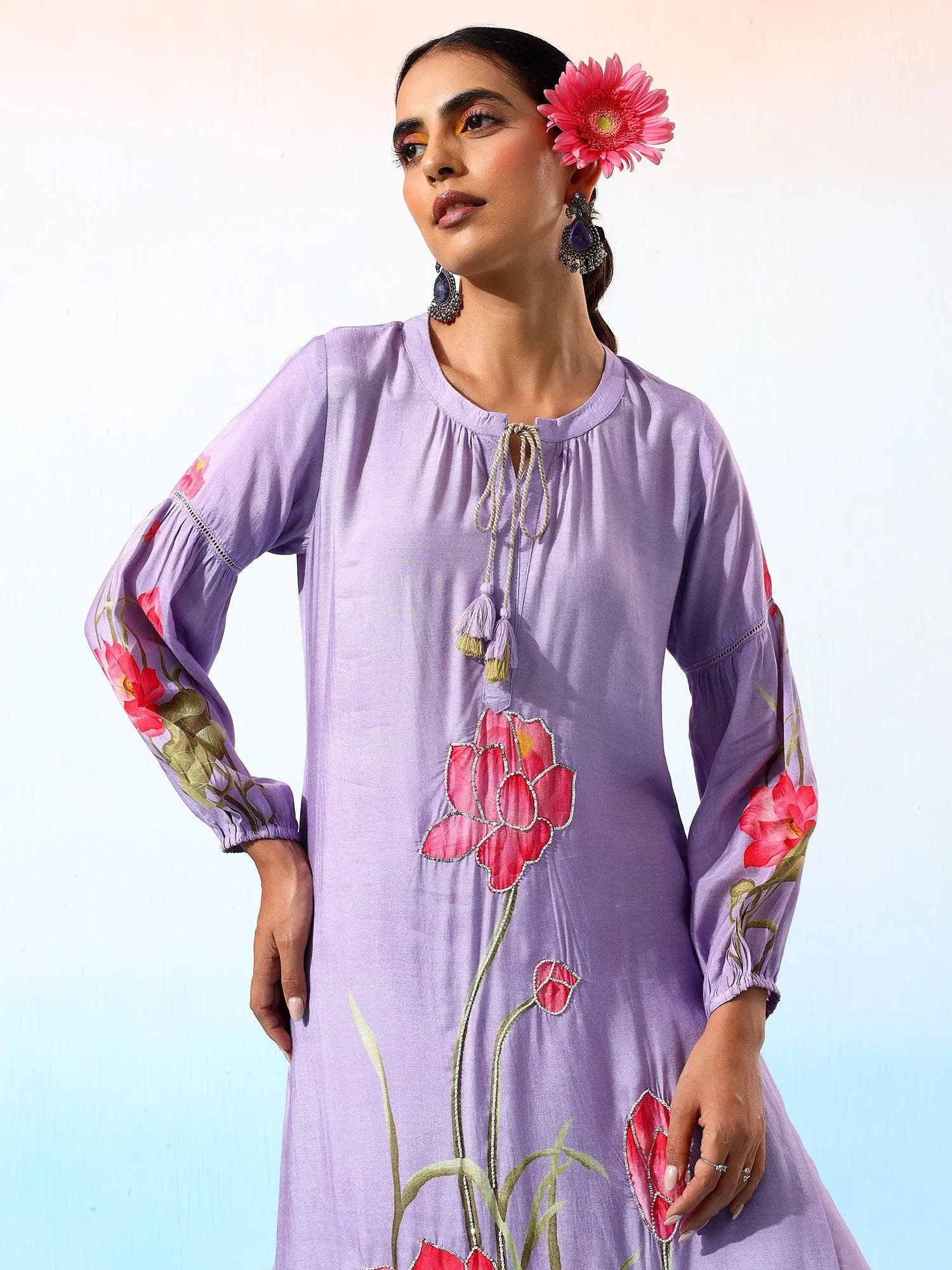 Nilofar Muslin Lavender Printed Kurta Set