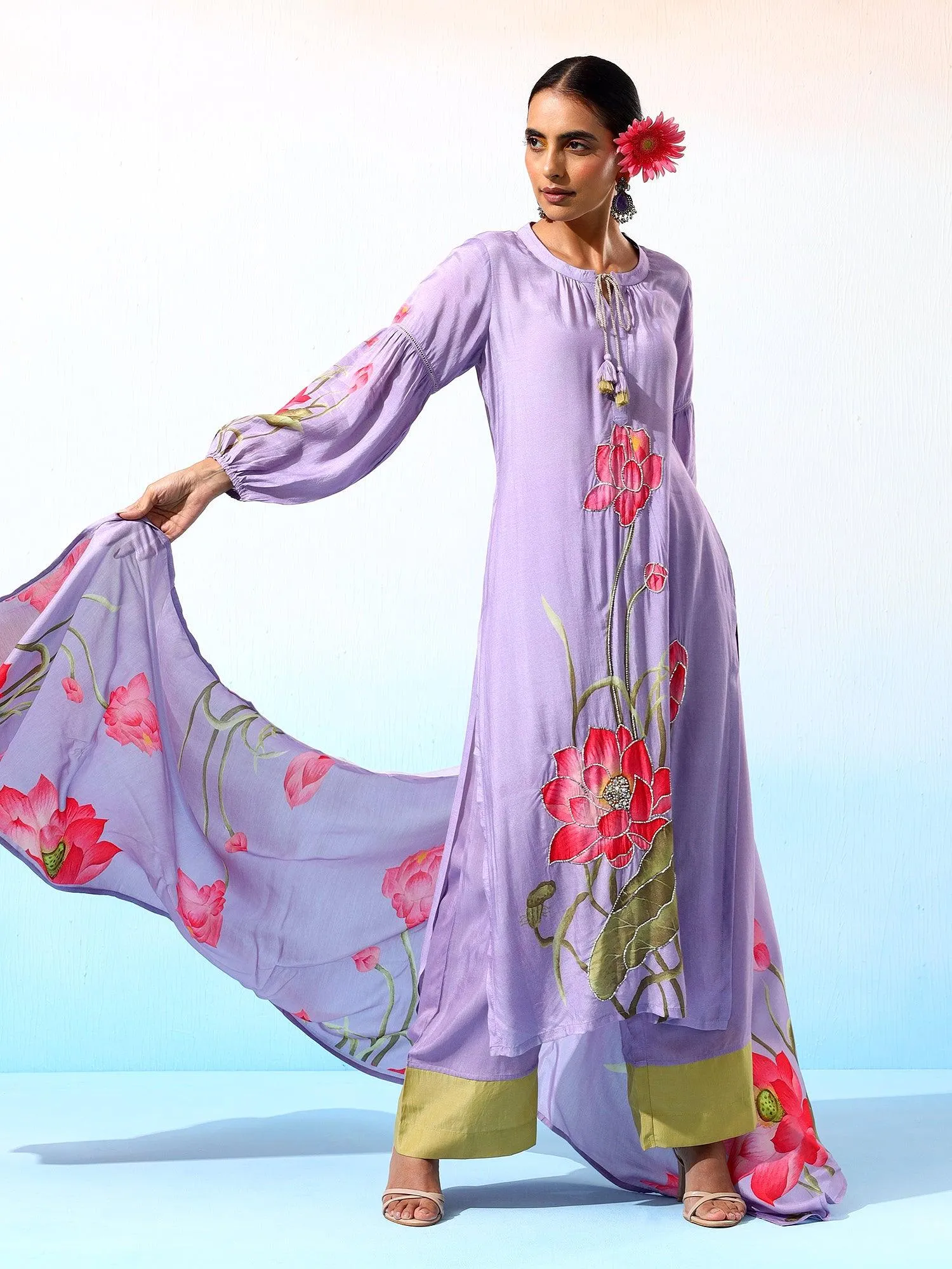 Nilofar Muslin Lavender Printed Kurta Set