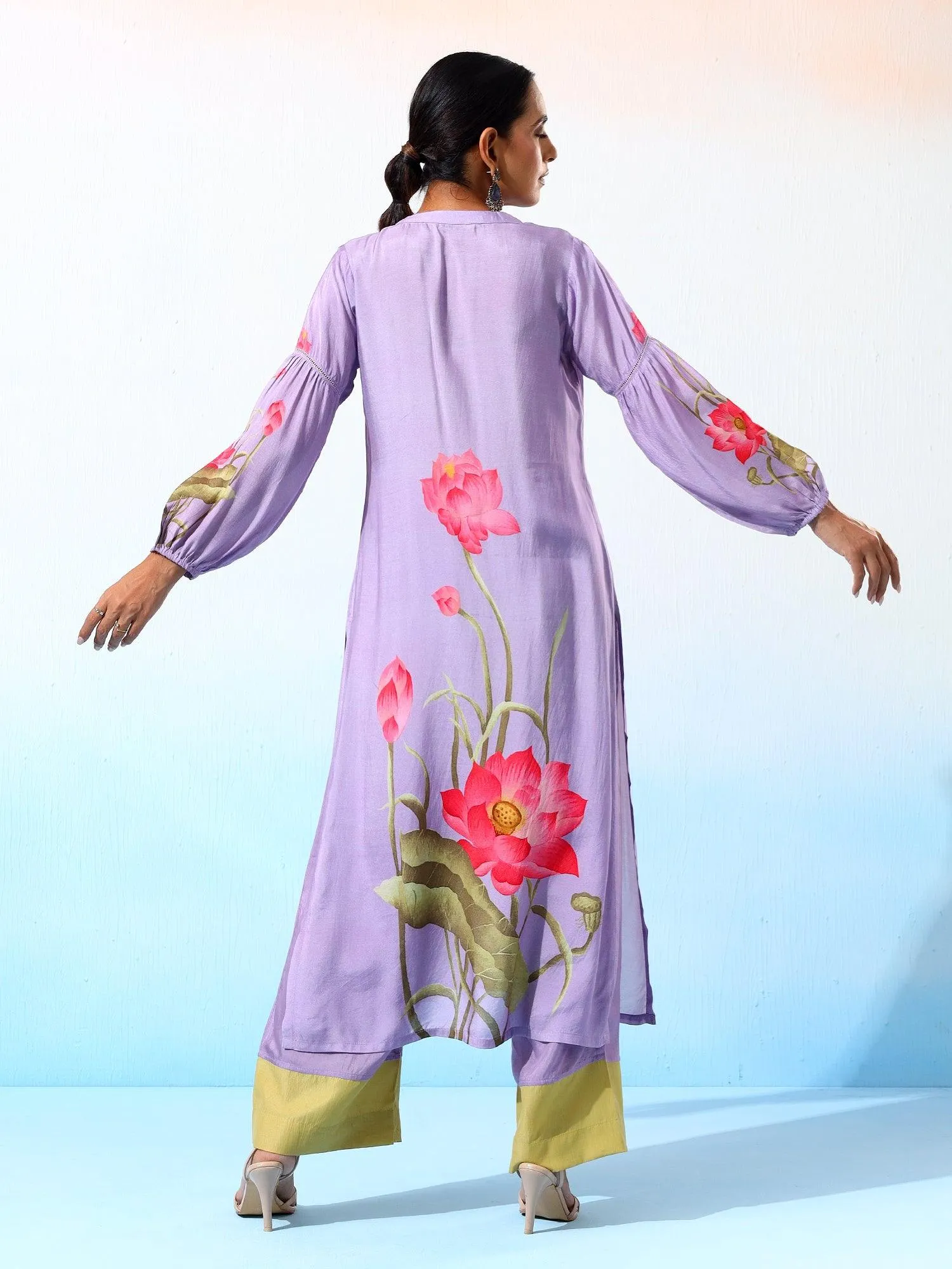 Nilofar Muslin Lavender Printed Kurta Set