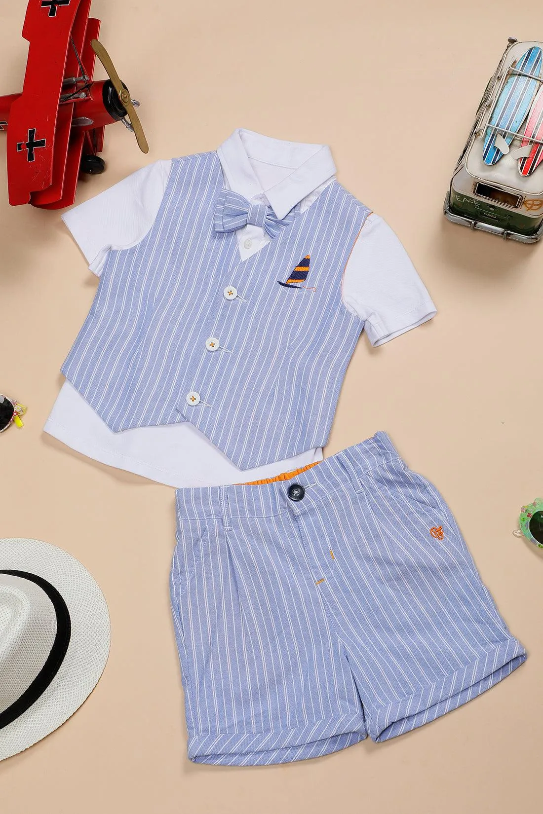 One Friday Baby Boys White Cotton Half Sleeves Shirt and Blue Waistcoat With Knee Length Short