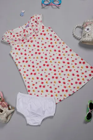 One Friday Baby Girls Off White Floral Printed Schiffly Cotton Dress With Bloomer