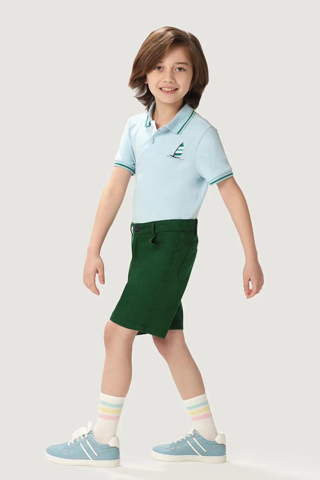 One Friday Kids Boys 100% Cotton Green Embroidered Shorts