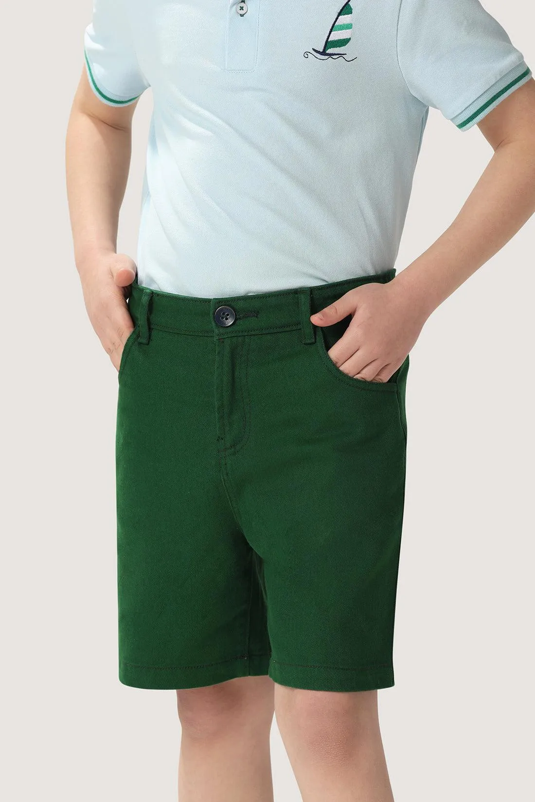 One Friday Kids Boys 100% Cotton Green Embroidered Shorts