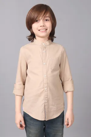 One Friday Kids Boys Beige 100% Cotton Band Collar Full Sleeves Patch Pocket Shirt